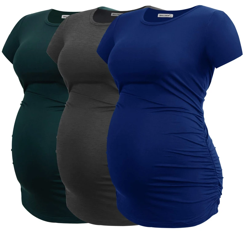 Smallshow Women's Maternity Tops Side Ruched Tunic T-Shirt Pregnancy Clothes, Deep Green/Deep Grey/Navy, L