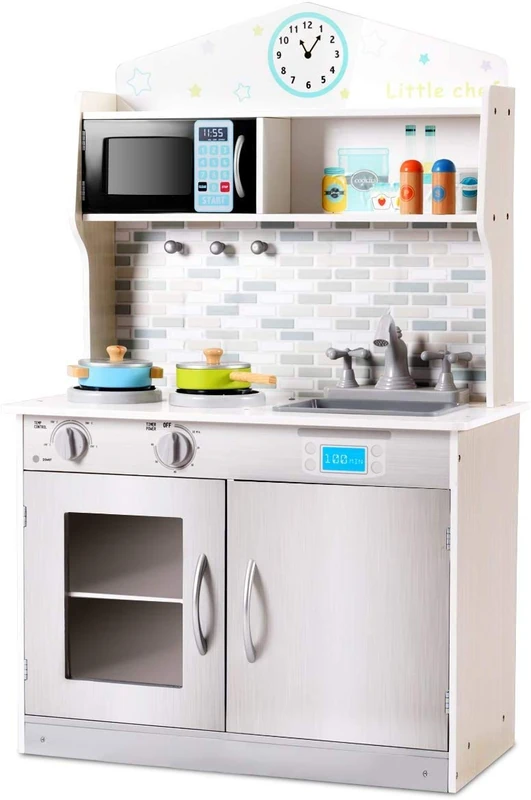GYMAX Toy Kitchen with Microwave Oven, 2 Stoves (Sliver)