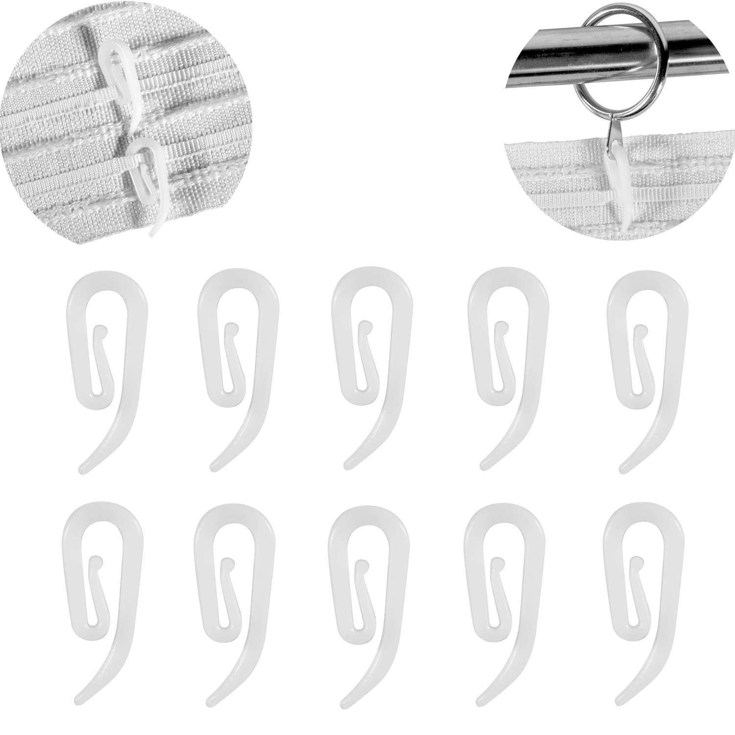 White Plastic Curtain Hooks for Door,Window Curtain Header Tape Drapery Hooks 100 Pack 2.8x1.2cm