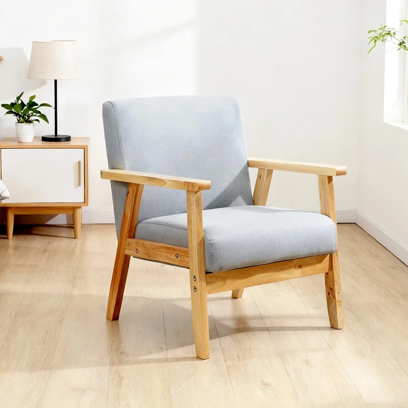 Accent Living Room Armchair, Midcentury Leisure Chair with Thick Pad, Lounge Single Sofa Reading Arm Chairs for Bedroom Home Office, Upholstered Comfy Tub Chair with Wood Frame (Light Grey Set of 1)