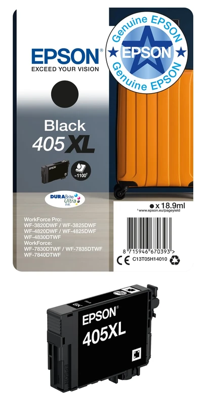 Epson 405XL Black Suitcase High Yield Genuine, DURABrite Ultra Ink,XL High Capacity
