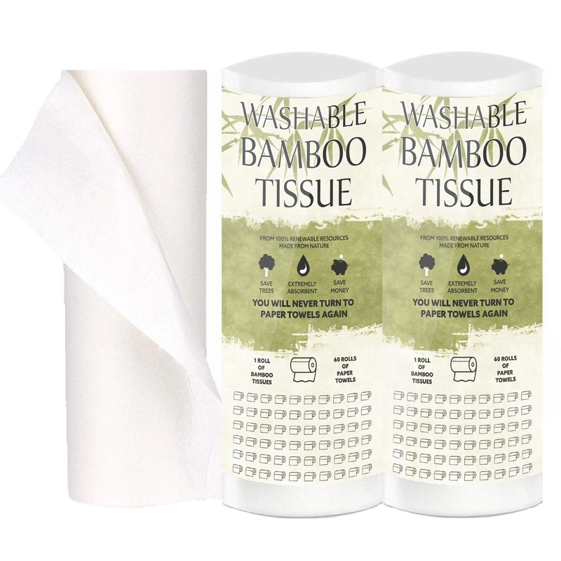 TANNESS 2-Pack Bamboo Kitchen Roll – Reusable Paper Towels and Towel Alternative - Washable Kitchen Rolls Paper for Household, Travel, and Camping