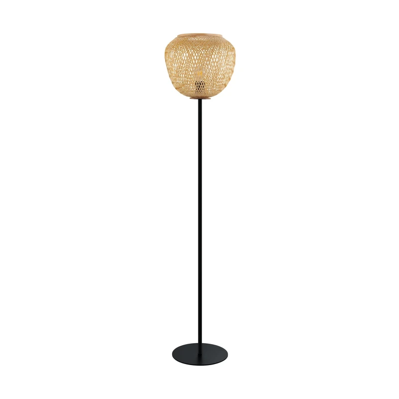 Eglo Floor lamp Dembleby, Vintage and Boho Standing Light Made of Black Steel and Natural Wood, Living Room Lighting with Foot Switch, E27 Socket