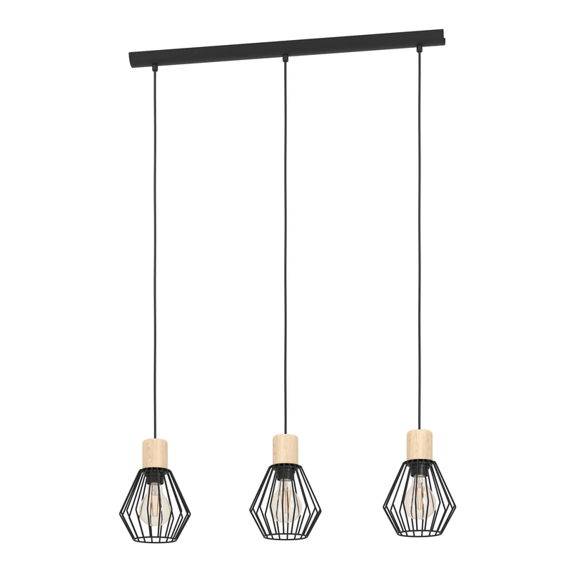 Eglo Pendant Light Palmorla, 3-Light Hanging Lamp Vintage, Industrial, Retro, Pendant Lamp Made of Steel and Wood in Black, Natural, Dining Table Lamp, Hanging Living Room Light with E27 Socket