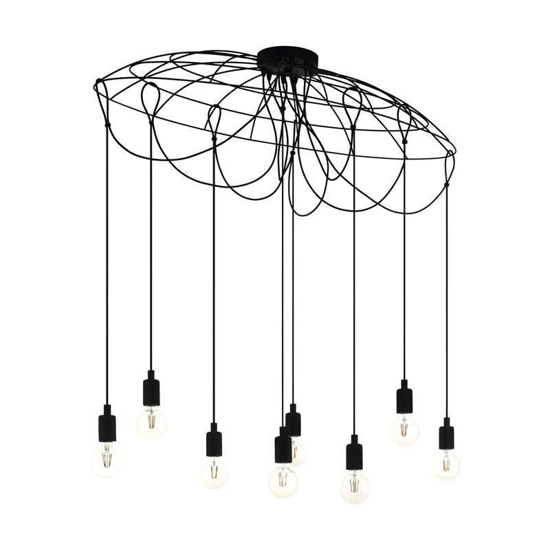 EGLO Hogsmill Pendant Light, 8-Bulb Pendant Lamp, Vintage, Industrial, Retro, Steel Pendant Light in Black, Dining Table Lamp, Living Room Lamp, Hanging with E27 Socket