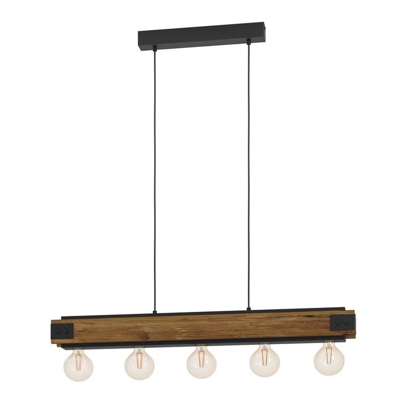 Eglo Pendant Light Layham, 5-Light Hanging Lamp Vintage, Industrial, Retro, Suspension Lamp in Steel and Wood Black, Natural, Dining Table Light, Living Room Hanging Lamp with E27 Socket