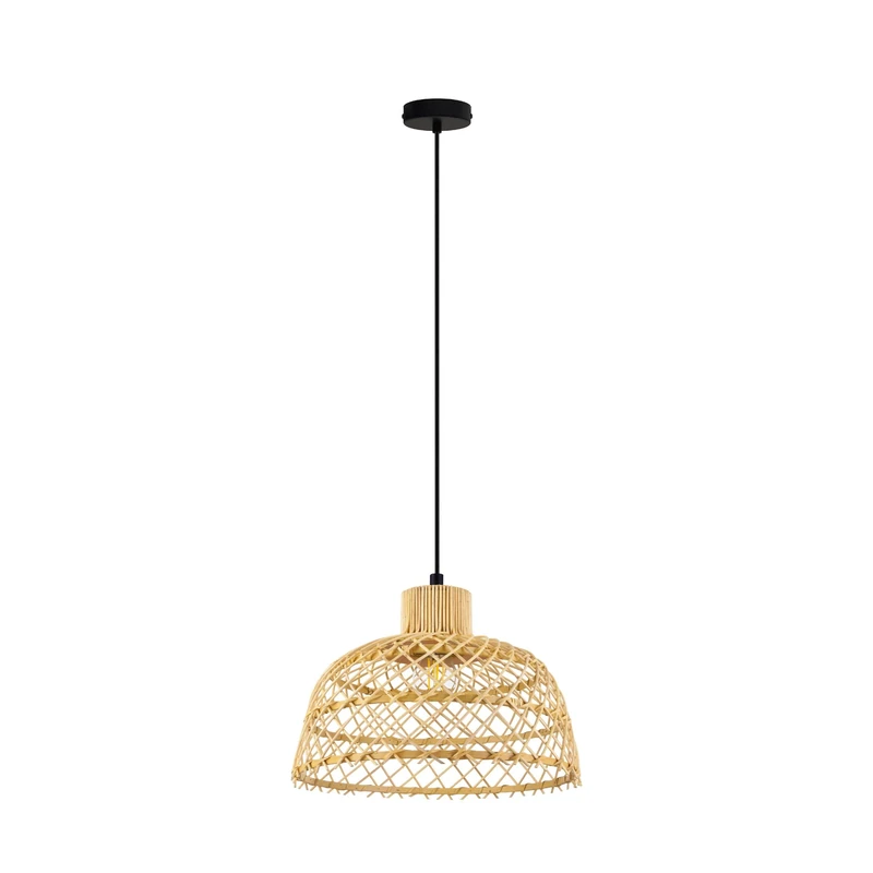 Eglo Ausnby Scandinavian Pendant Light, Vintage/Boho Ceiling Light Fitting, Dining Room and Living Room Hanging Lamp in Natural Wood and Black Mental, E27 Socket