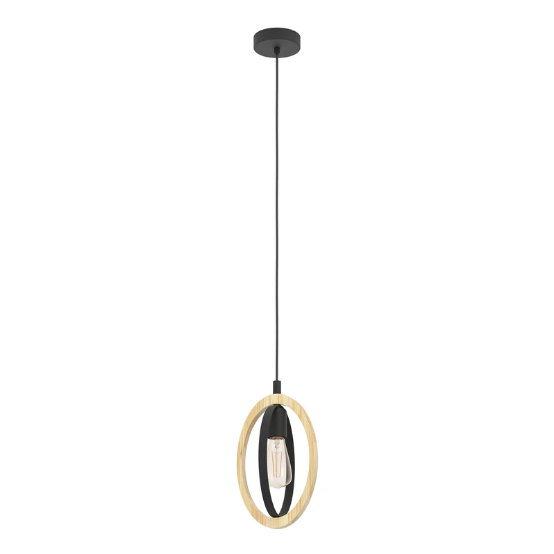 Eglo Pendant lamp Basildon, 1-Light Hanging lamp Vintage, Industrial, Retro, Pendant lamp Made of Steel and Wood in Black, Natural, Dining Table lamp, Hanging Living Room lamp with E27 Socket