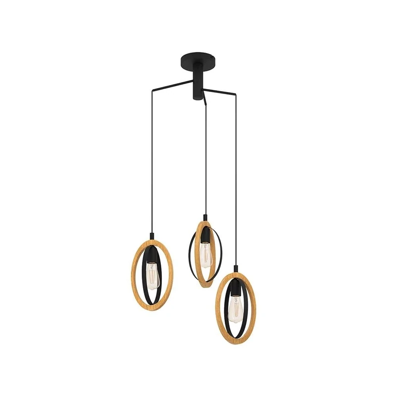Eglo Pendant lamp Basildon, 3-Light Hanging lamp Vintage, Industrial, Retro, Made of Steel and Wood in Black, Natural, Dining Table lamp, Hanging Living Room lamp with E27 Socket, Ø 61.5 cm