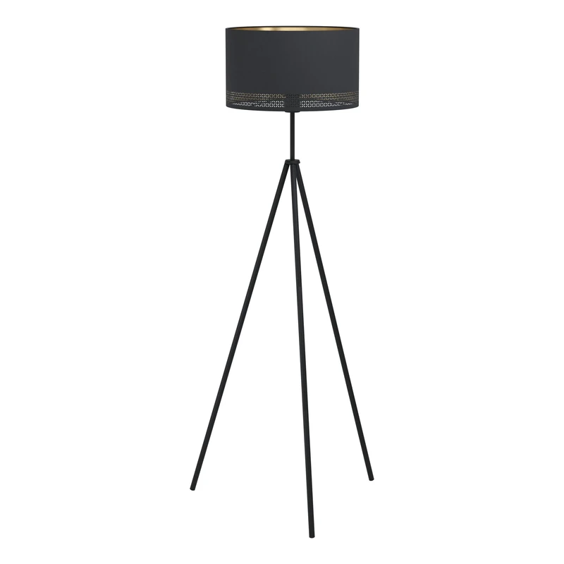 Eglo Tripod Floor lamp Esteperra, Vintage and Retro Standing Light Made of Steel and Fabric in Black and Gold, Living Room Lighting with Foot Switch, E27 Socket