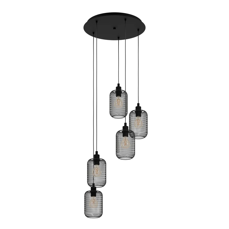 EGLO Wrington Pendant Light, 5-Bulb Vintage Industrial Retro Pendant Light Made of Steel, Dining Table Lamp, Living Room Lamp Hanging in Black, E27 Socket, Diameter 54 cm