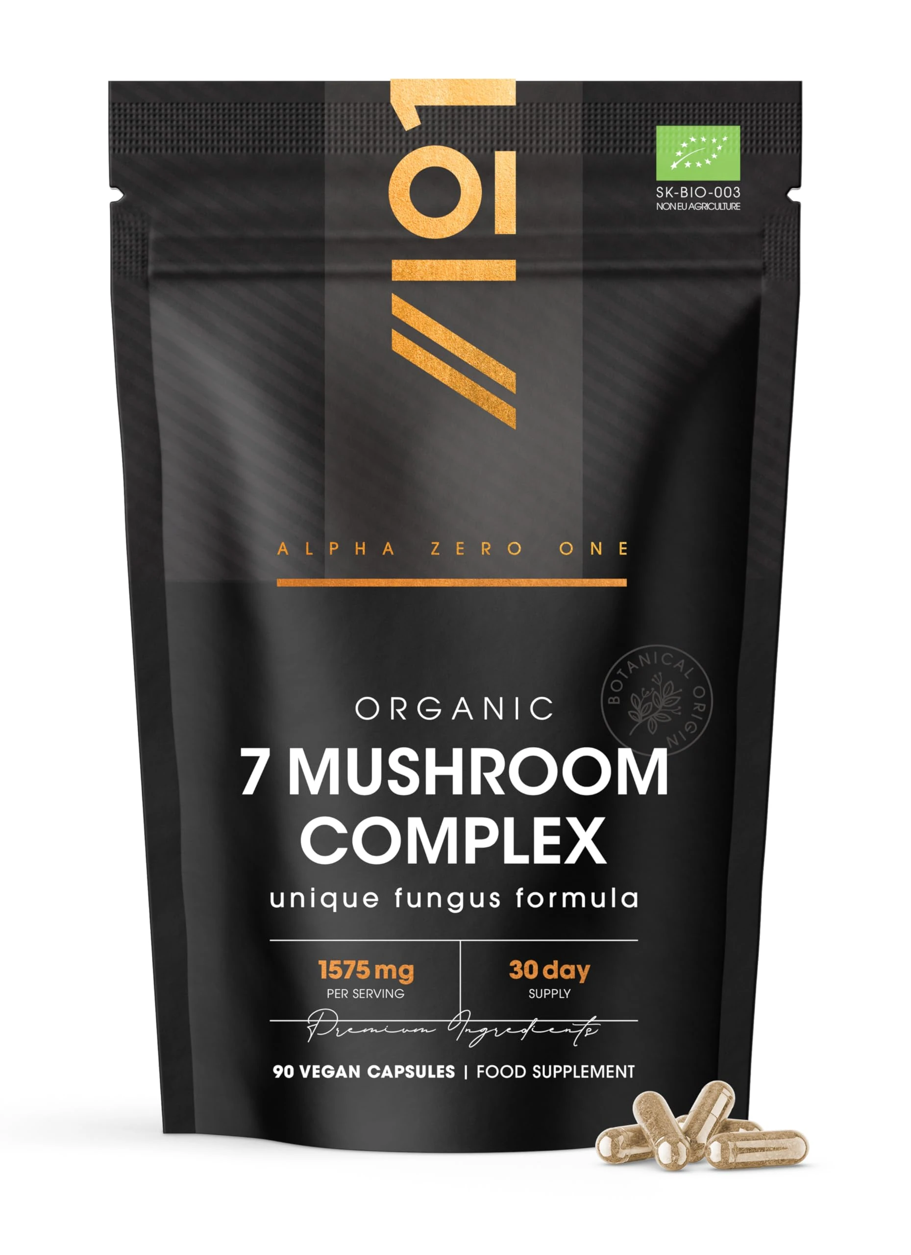 Organic Mushroom Complex 1575mg - 90 Capsules - Reishi, Cordyceps, Lion's Mane, White Fungus, Maitake, Shitake & Chaga (1 Month Supply) by Alpha01
