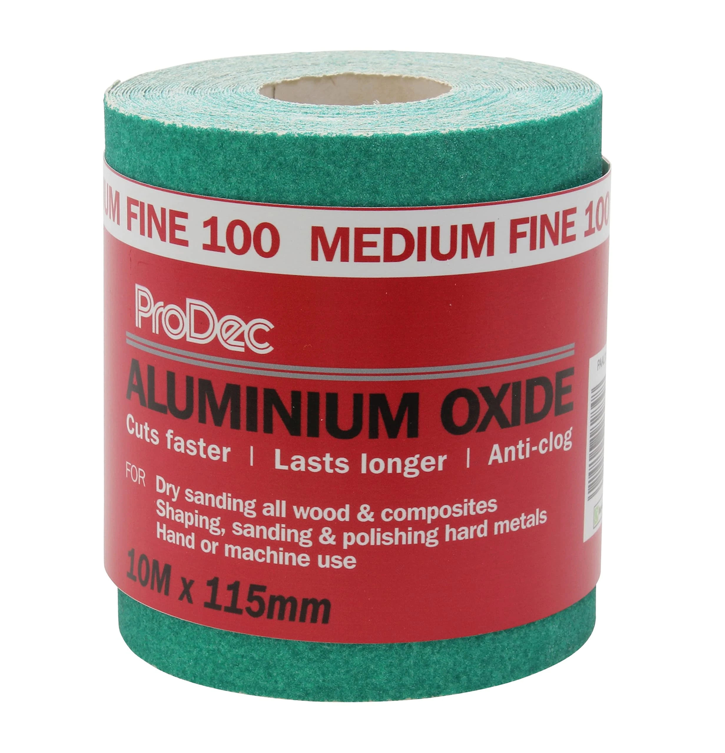 ProDec 10m Roll 100 Grit Medium-Fine Grade Green Aluminium Oxide Abrasive Sanding Paper for Sanding Wood, Paint, Plaster, Filler, Metal and More, 115mm Wide Sandpaper Compatible with Machine Sanders