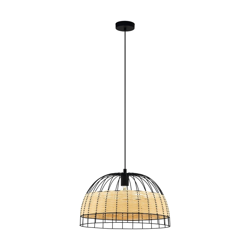 EGLO Anwick Pendant Light, 1 Bulb Vintage Boho Pendant Light Made of Steel and Rattan, Dining Table Lamp, Living Room Lamp Hanging in Black, Natural, E27 Socket, Diameter 50 cm