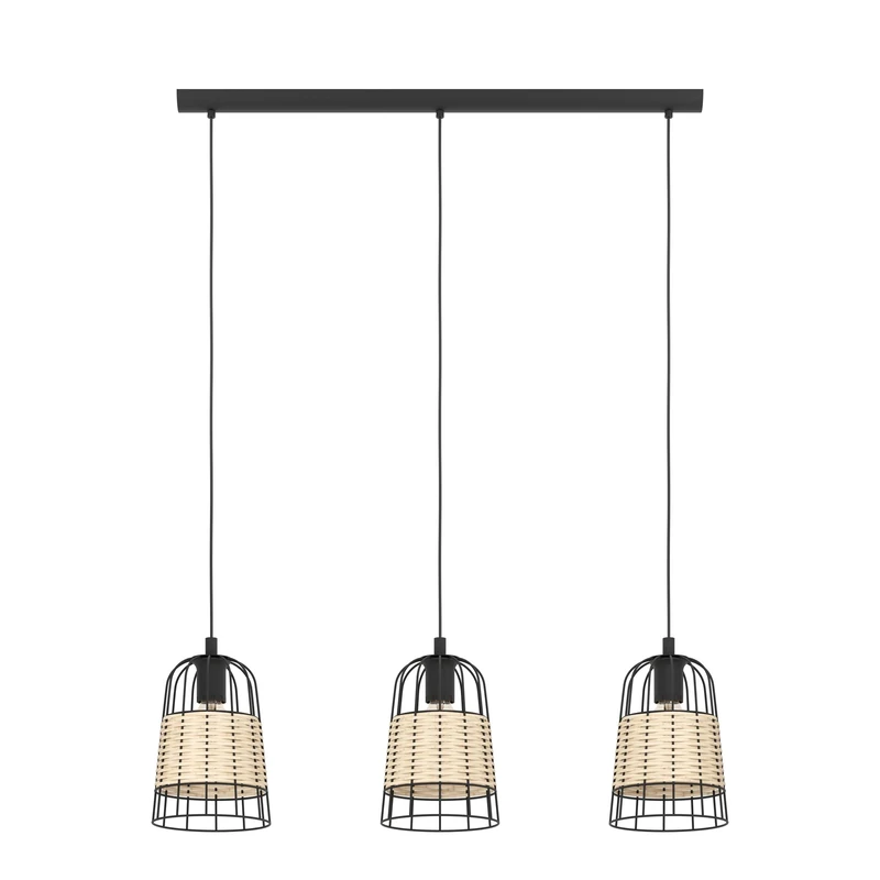 EGLO Anwick Pendant Light, 3-Bulb Vintage Boho Pendant Light Made of Steel and Rattan, Dining Table Lamp, Living Room Lamp, Hanging in Black, Natural, E27 Socket