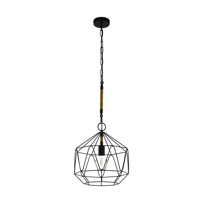EGLO Cottingham Pendant Light, 1-Bulb Pendant Lamp, Vintage, Industrial, Retro, Pendant Light Made of Steel and Natural Rope, Dining Table Lamp, Living Room Lamp, Hanging in Black, Natural, E27