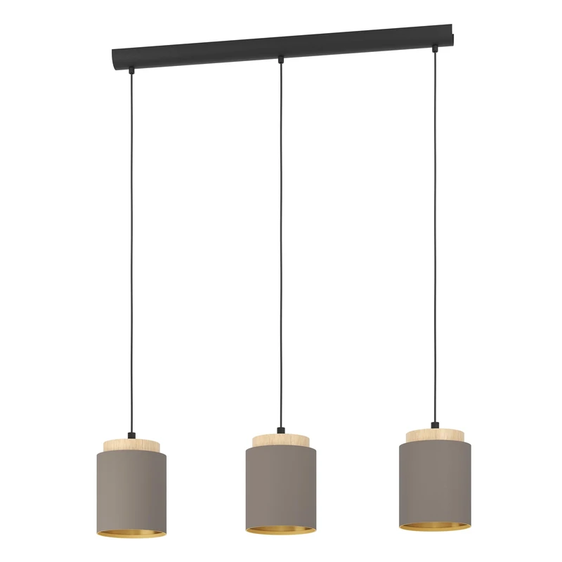 Eglo Pendant Light Albariza, 3-Light Hanging Lamp Vintage Style, Pendant Lamp in Steel, Wood and Textile Black, Natural, Cappuccino, Gold, Dining Table Lamp, Living Room Hanging Lamp with E27 Socket