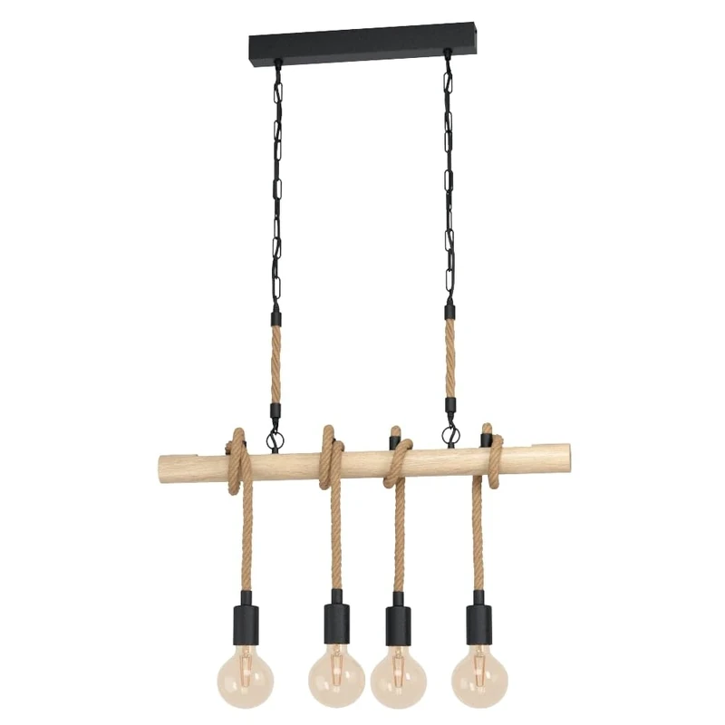 Eglo Pendant Light Youngstown, 4-Light Hanging Lamp Vintage Industrial Retro, Pendant Lamp Steel Wood Natural Rope, Dining Table Light, Living Room Hanging Lamp Black Natural E27 Socket