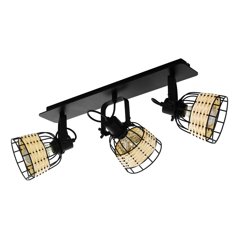 EGLO Anwick 1 Ceiling Light, 3-Bulb Ceiling Light, Vintage, Boho, Ceiling Spotlight Made of Steel and Rattan, Living Room Lamp in Black, Natural, Kitchen Lamp, Spotlights with E27 Socket