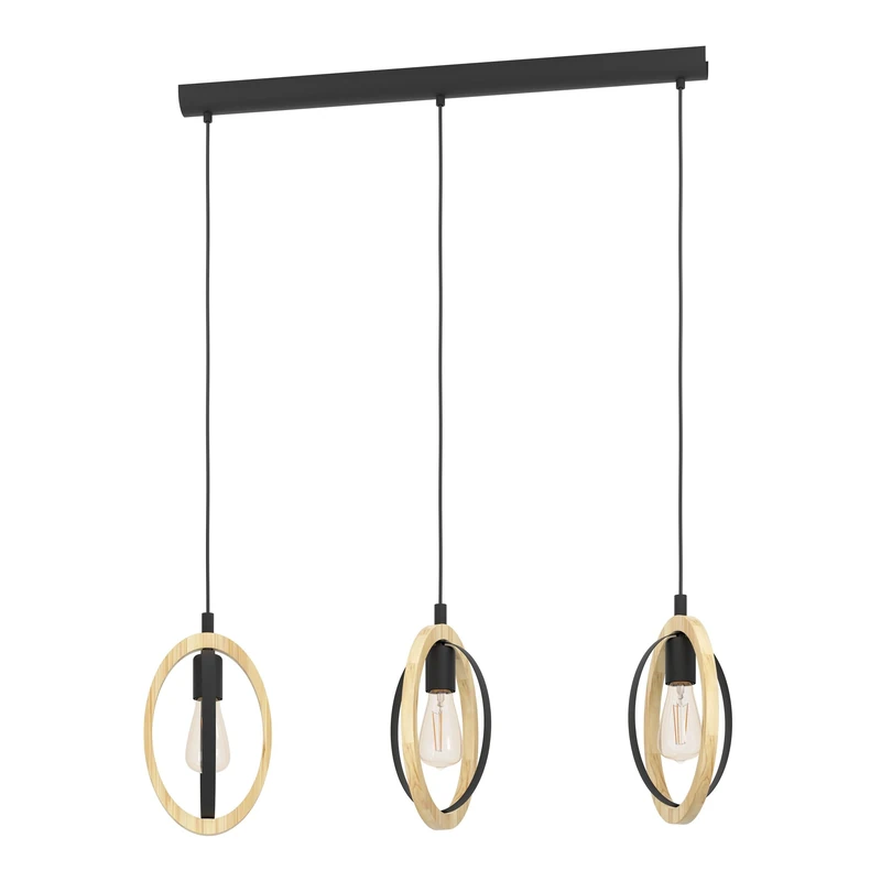 Eglo Basildon Pendant Light, 3-Light Hanging Lamp Vintage Industrial Retro, Steel and Wood in Black and Natural, Dining Table Light, Living Room Hanging Lamp with E27 Socket, 78 cm Length