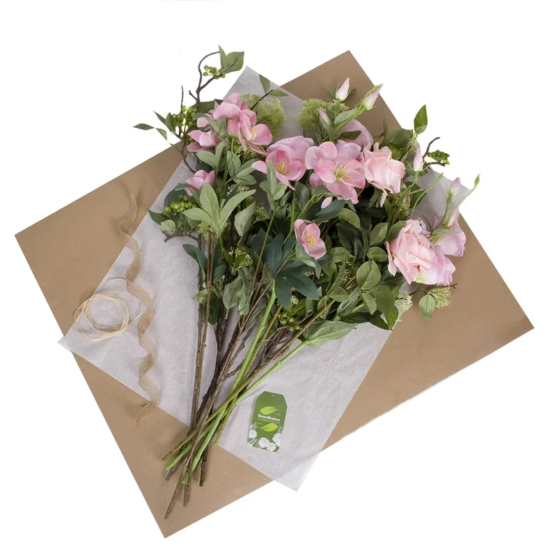 Fully Bloomed Artificial Pink Flower Bouquet with Roses, Hellebores Elderflower, Berries & Greenery - Perfect for wedding, home décor, office & table centrepieces
