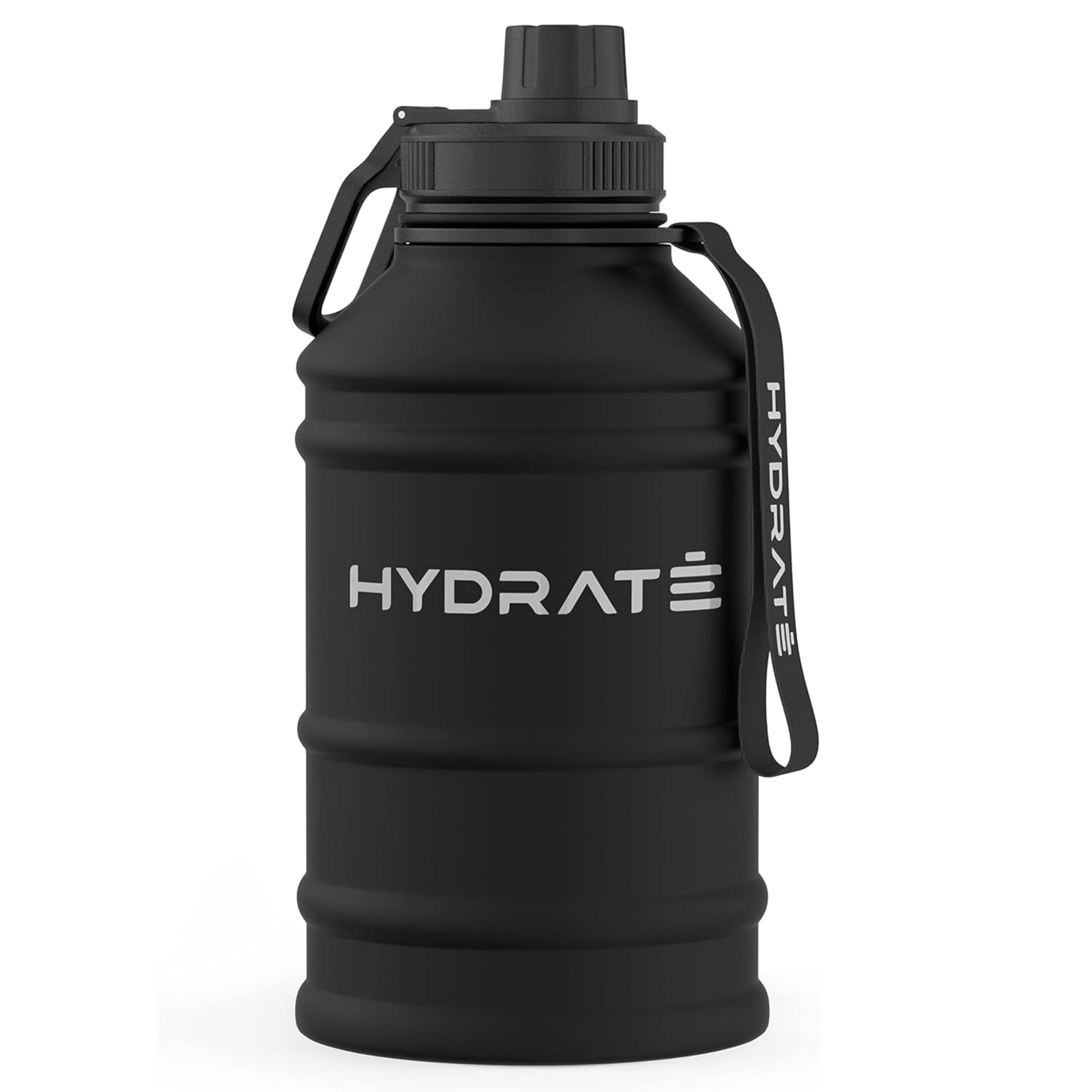 HYDRATE Stainless Steel 2.2 Litre Water Bottle - Black - Metal Gym Water Bottle - Convenient Stainless Steel Water Bottle, Hiking Water Bottle, Nylon Carrying Strap and Leak-Proof Screw Cap