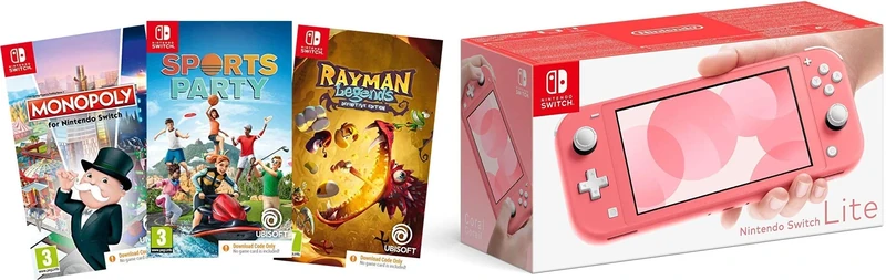 Nintendo Switch Lite (Coral) + Sports Party (Code in Box) + Rayman Legends (Code in Box) + Monopoly (Code In Box)
