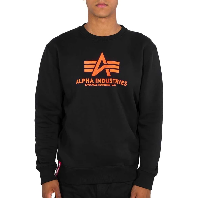 ALPHA INDUSTRIES Men's Basic Sweater Print Sports Hoodie, Black/neon Orange, XS