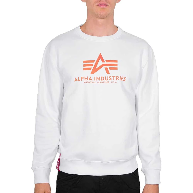 ALPHA INDUSTRIES Men's Basic Sweater Neon Print SWEATER, 480-white/neon orange,