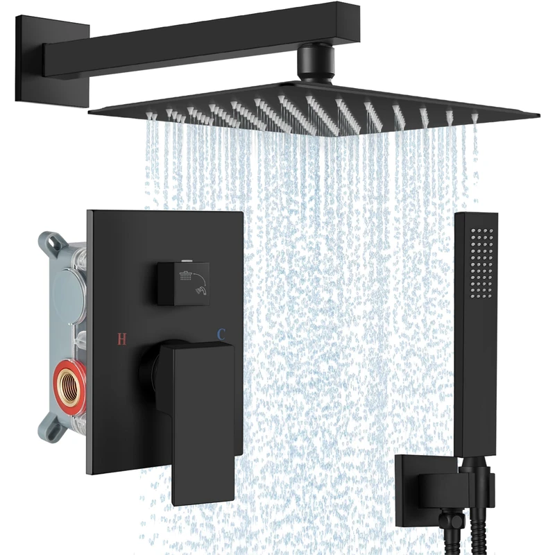 Matte Black Rain Shower System 10 Inch Square Rainfall Shower Head Wall Mount Shower Faucet Set with Hand Sprayer Pressure Balancing Rough-in Valve Trim Kit Bathroom Mixer Shower Combo Set
