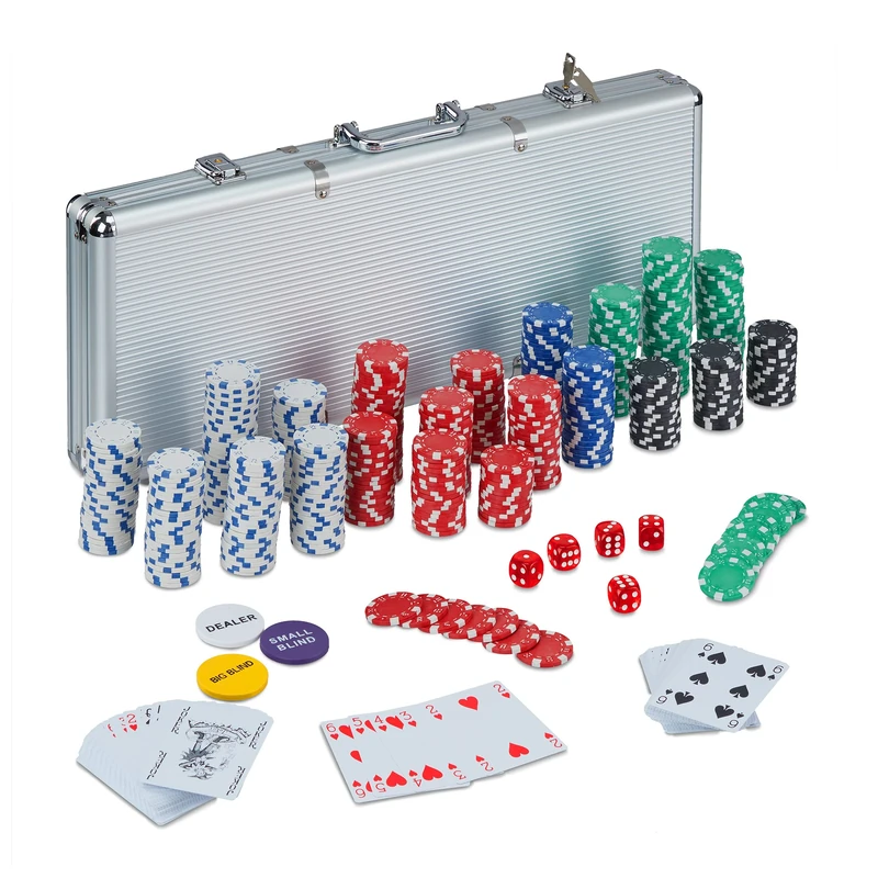 Relaxdays Poker Set, 500x Chips, 2 Card Decks, 5 Dice, Dealer Counter, Travel Case, Aluminium, Casino Night, Silver