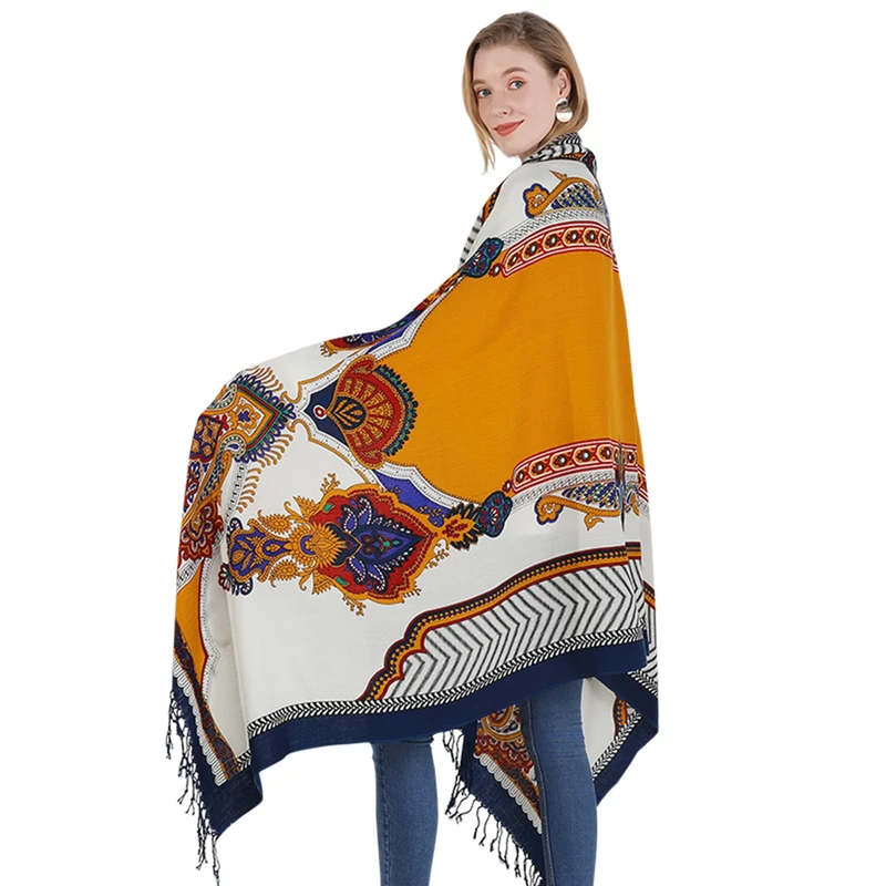 DANA XU 100% Merino Wool Extra Large Pashmina Blanket Travel Scarf Cashmere Wrap for Women Fall Winter Oversize Shawl Floral, 17 Yellow&black, 96 * 43 INCHES