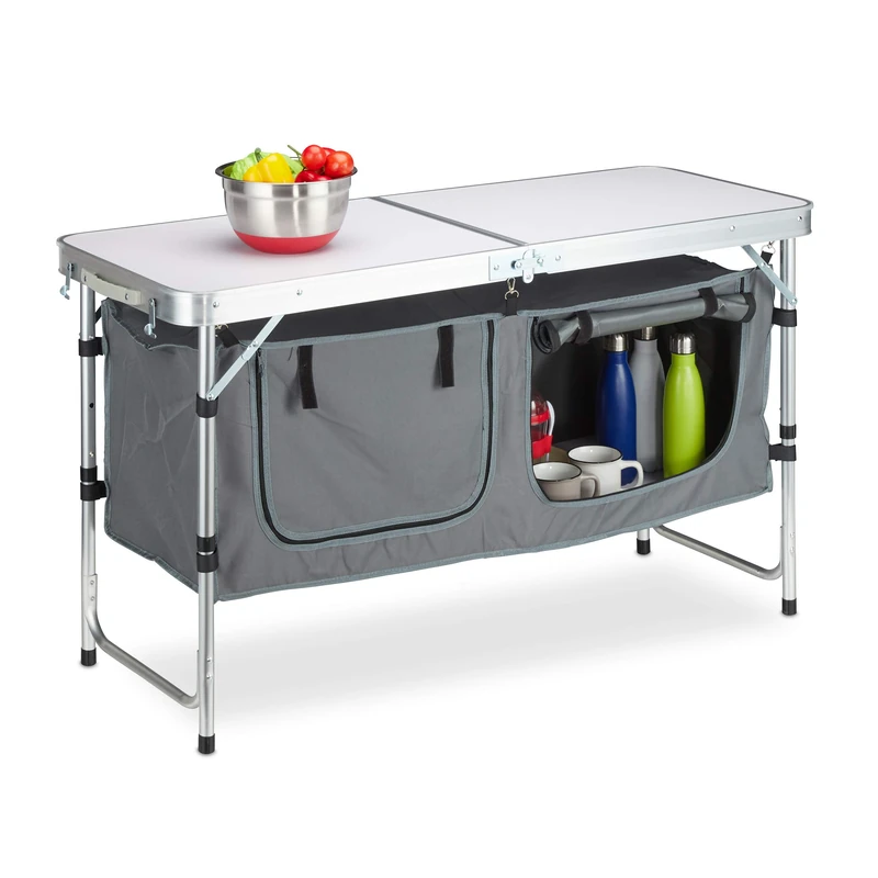 Relaxdays folding camping table, adjustable height, sturdy, camping storage, aluminium & MDF, W x D 120 x 47 cm, silver