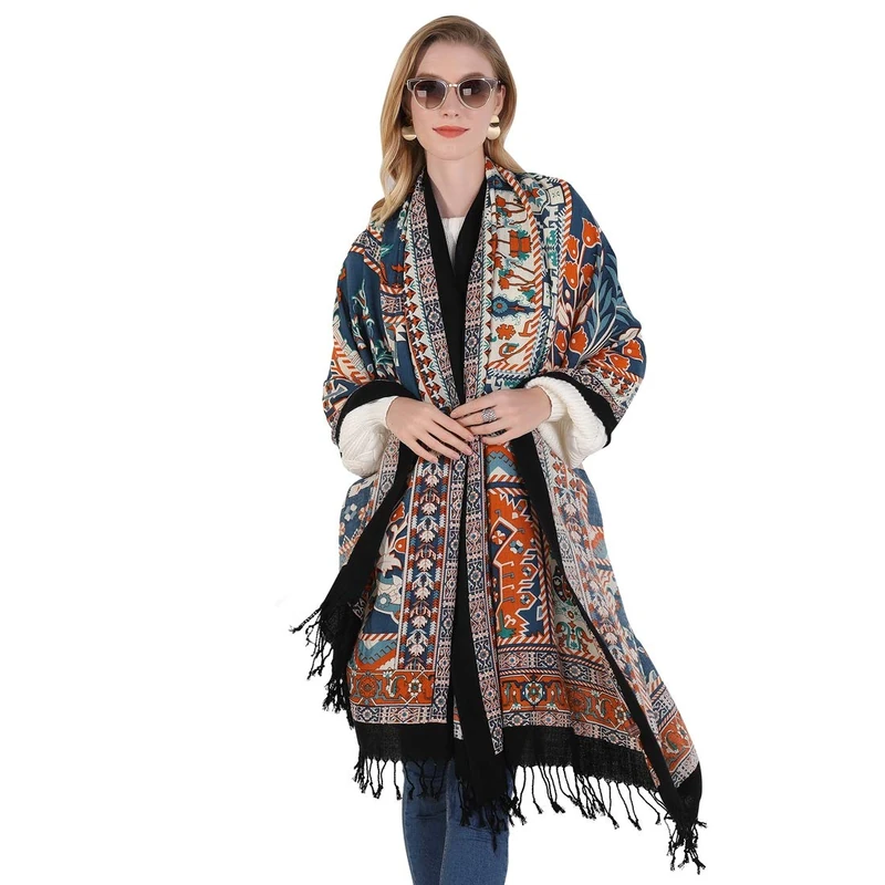 DANA XU Luxury 100% Pure Wool Oversized Extra Large Warm Floral Cashmere Pashmina Scarf Shawl And Wrap For Women Blanket Cape, 14 Multicolor, 96 * 42 INCHES