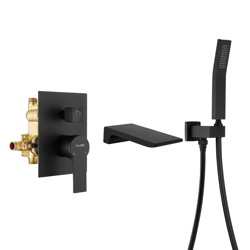 SHAMANDA Waterfall Wall Mounted Bathtub Faucet with Hand Shower, Bathroom Single Handle Tub Faucet Modern Brass Tub Shower Faucet Set(Including Rough-in Valve Body and Trim), Matte Black, L901-7