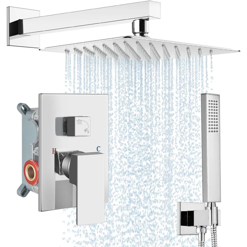 Midanya Rain Shower System Square Rainfall Shower Head Wall Mount Shower Faucet Set with Hand Sprayer Rough-in Valve Trim Kit Bathroom Mixer Shower Combo Set,10 Inch,Polish Chrome
