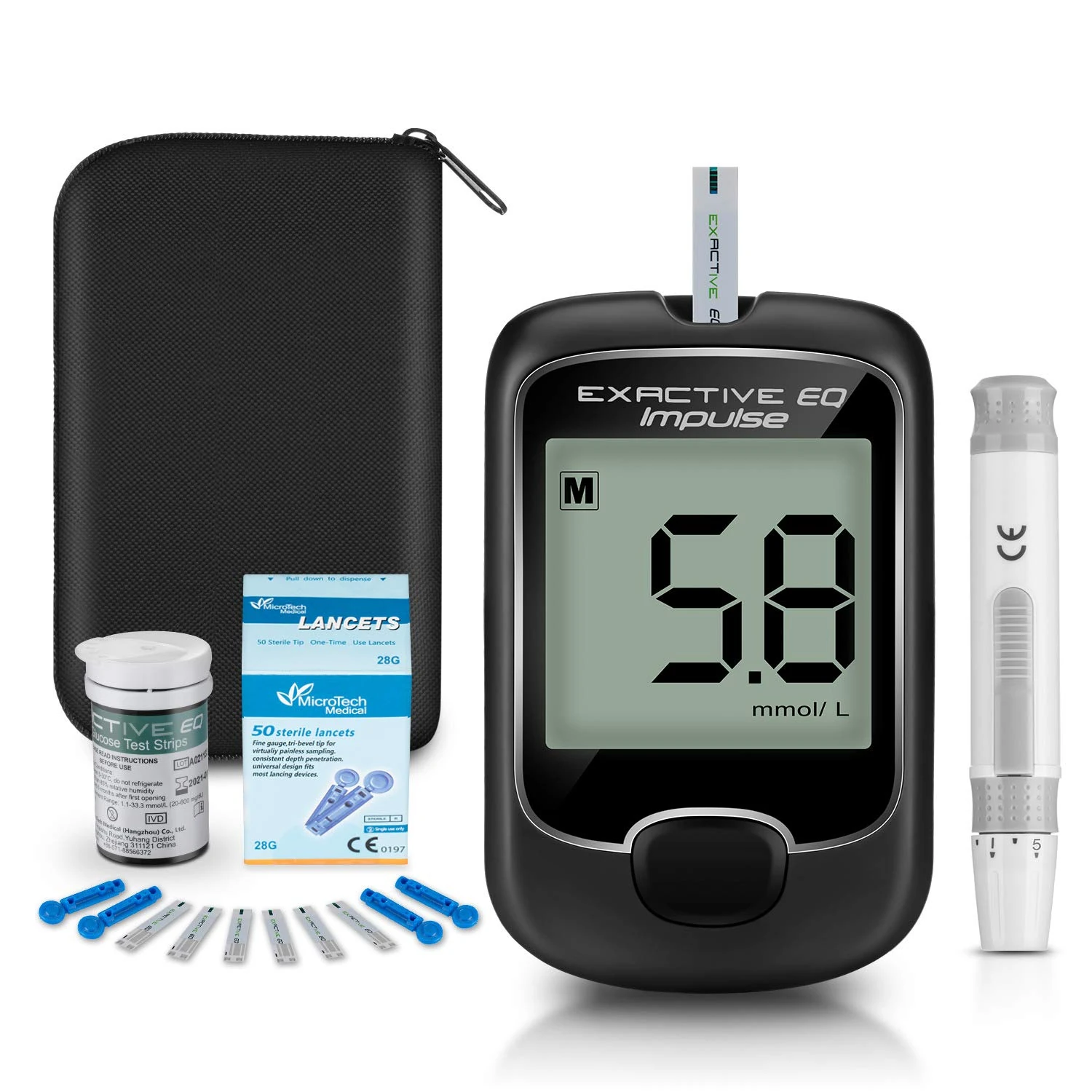 Blood Sugar Tester Diabetes Testing Kit Blood Sugar Tester with 25 Test Strips and 25 Lancets - for UK Diabetics by Exactive EQ Impulse in mmol/L