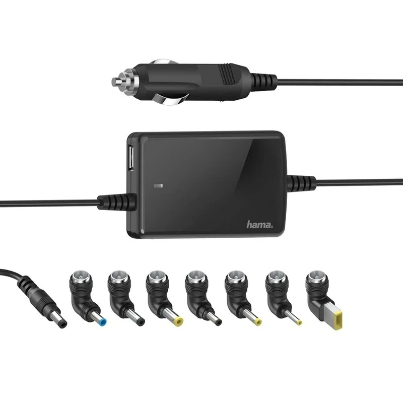 Hama Car Notebook Power Adapter 15V, 16V, 19V, 70W (universal power adapter for laptops, tablets, includes 8 notebook connectors, laptop charger with additional USB charging port, 4.5A) - Image 1