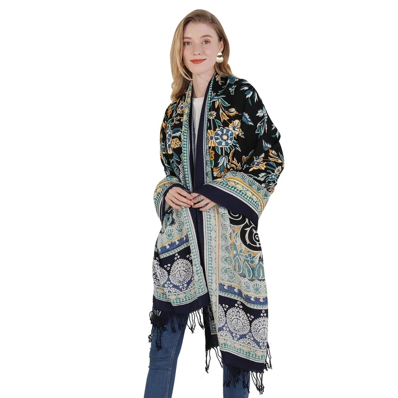 DANA XU 100% Pure Wool Oversize Large Blanket Cashmere Pashmina Soft Dupatta Scarf Shawls And Wraps For Women Evening Dress, 46 Black&grey, Large