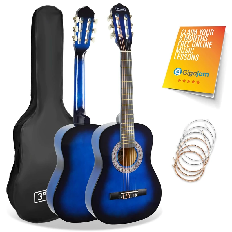 3rd Avenue 1/2 Size Kids Classical Guitar Spanish Nylon String Beginner Pack Bundle - 6 Months FREE Lessons, Bag, Strings – Blue