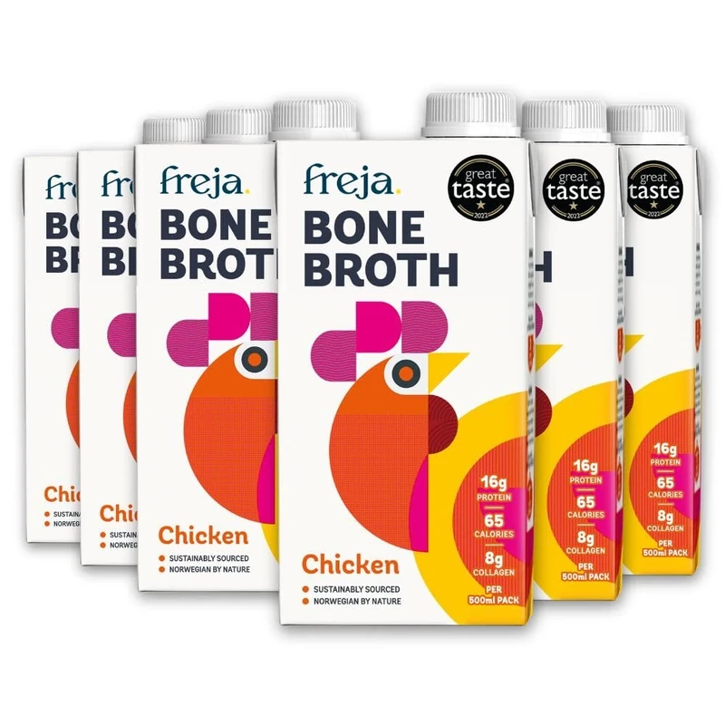 Freja Chicken Bone Broth | Free Range | Collagen, Protein & Amino Acids | Low Carb & Gluten Free | Clear Liquid Broth, not Chicken Stock Cubes, Powder or Concentrate | 6 x 500ml