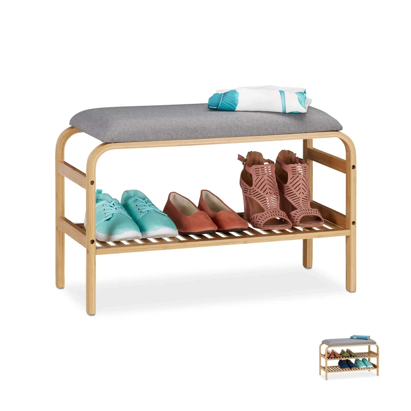 Relaxdays Bamboo Shoe Bench, 3 Pairs of Footwear, Hallway, Bathroom, Leveled, Wardrobe Bank HxWxD: 46x69x30 cm, Natural