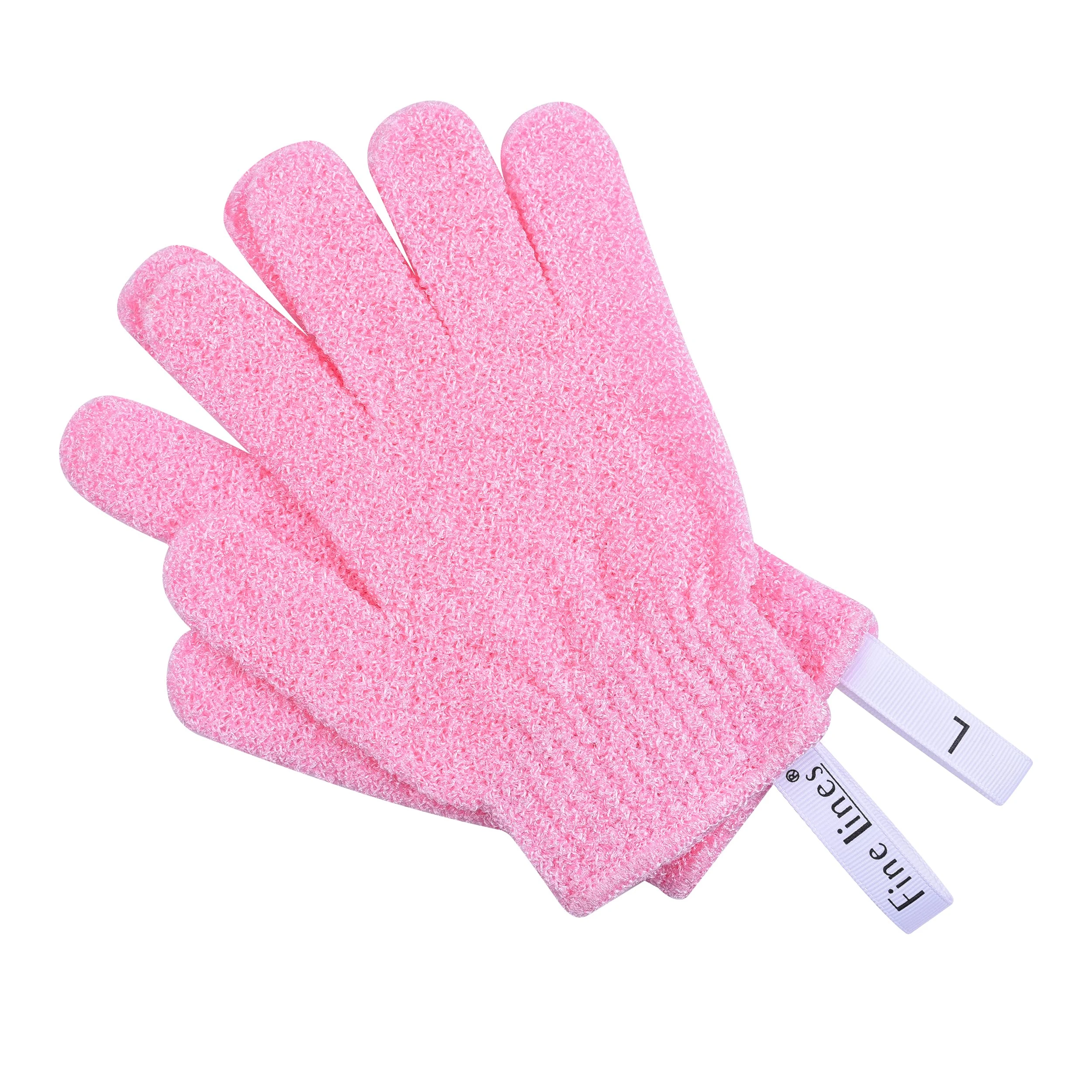 Fine Lines - Exfoliating Shower Gloves, Pink | Exfoliating Glove for Bath scrub, Dead Skin Remover | Exfoliating mitt | Body Scrub Gloves with Hanging Hoops | Protected Design