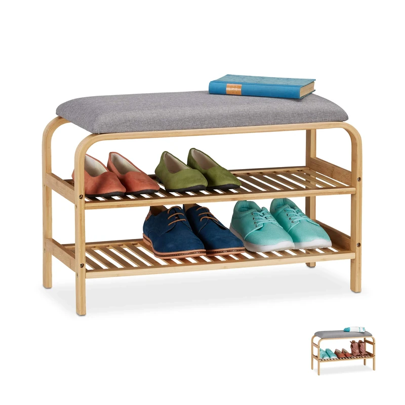 Relaxdays Bamboo Shoe Bench, 6 Pairs of Footwear, Hallway, Bathroom, 2 Levels, Wardrobe Bank HxWxD: 46x69x30 cm, Natural