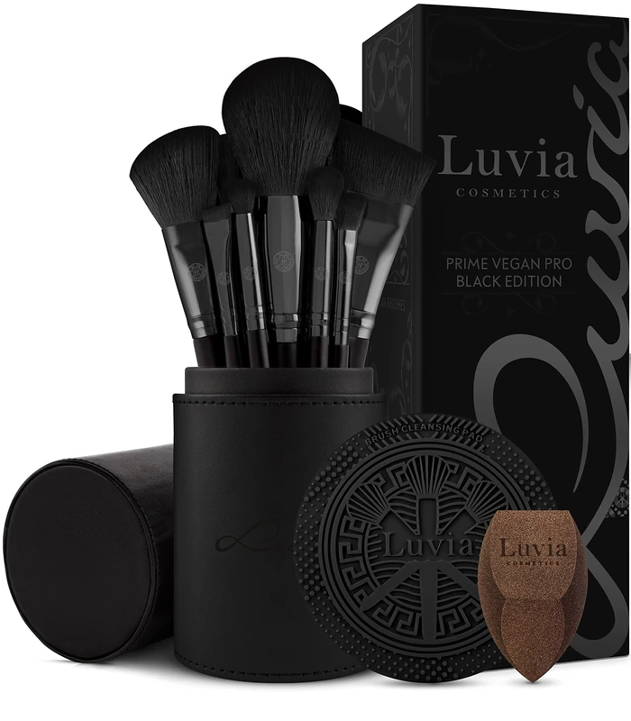 Luvia Prime Vegan Pro Make-Up Brush Set, Black, 12 Makeup Brushes Including Brush Storage, Blender Sponge & Cleaning Mat for Cosmetic Brushes, Black & Rose Gold