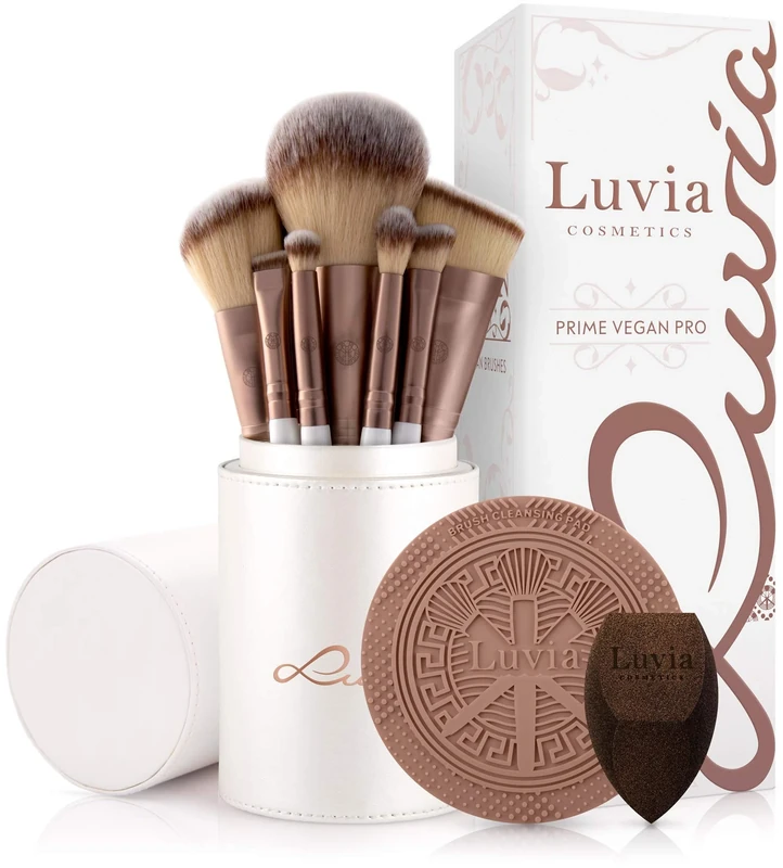 Luvia Prime Vegan Pro Make-Up Brush Set, 12 Makeup Brushes Including Brush Storage, Blender Sponge & Cleaning Mat for Cosmetic Brushes, Mother of Pearl & Coffee