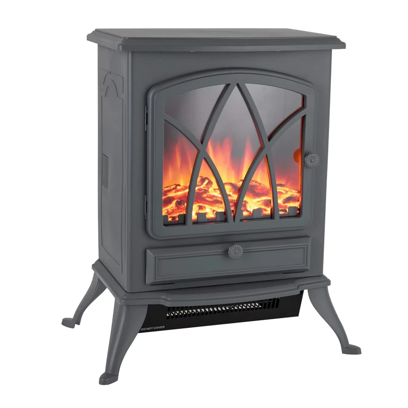 Warmlite WL46018G Stirling Portable Electric Fire Stove Heater with Realistic LED Flame Effect, Adjustable Thermostat, Overheat Protection, 2000W, Grey