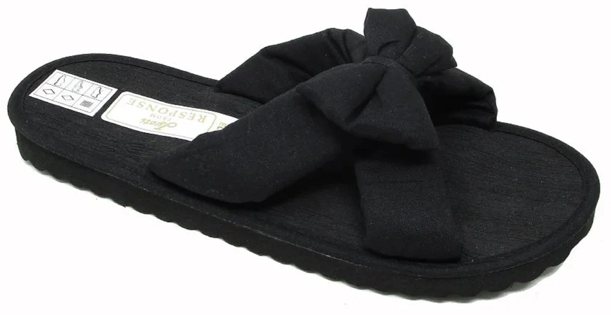 Pretty T Things Ladies Slip On Fabric Flip Flop Mules - Bow Front Mules Flip Flop Sandals Beach Summer Sandals for Ladies - UK Size 3 to 8 These are slightly small fitted (Full Black, numeric_6)