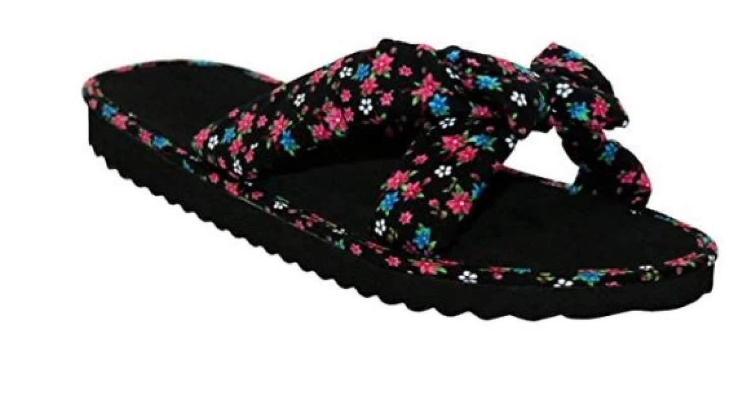 Pretty T Things Ladies Slip On Fabric Flip Flop Mules - Bow Front Mules Flip Flop Sandals Beach Summer Sandals for Ladies - UK Size 3 to 8 (Black Flowers, numeric_6)