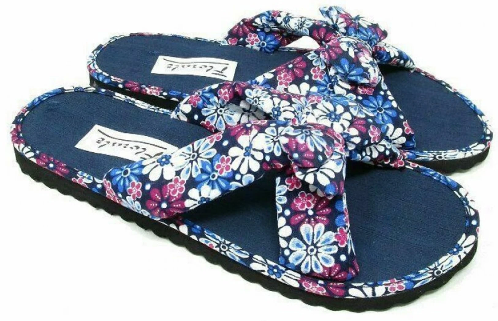 Pretty T Things Ladies Slip On Fabric Flip Flop Mules - Bow Front Mules Flip Flop Sandals Beach Summer Sandals for Ladies - UK Size 3 to 8 These are slightly small fitted (Navy White, numeric_6)